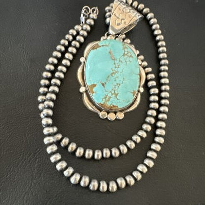 Navajo Blue Turquoise #8 Pendant | Sterling Silver Pearls Necklace | Authentic Native American Handmade | 17169