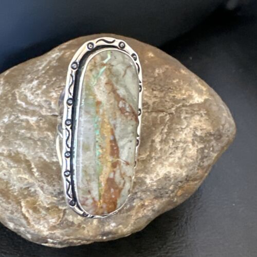 Navajo Ribbon Boulder Green Turquoise Ring | Sterling Silver | Sz 8.5 | 16254