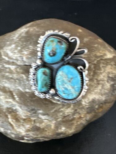 Navajo Blue Turquoise Cluster Ring | Authentic Native American Sterling Silver | Multi-Stone | Sz 8.5 | 14838