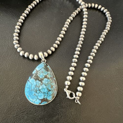 Men's Navajo Blue Spiderweb Turquoise Pendant Necklace | Sterling Silver | Authentic Native American Handmade | 16302