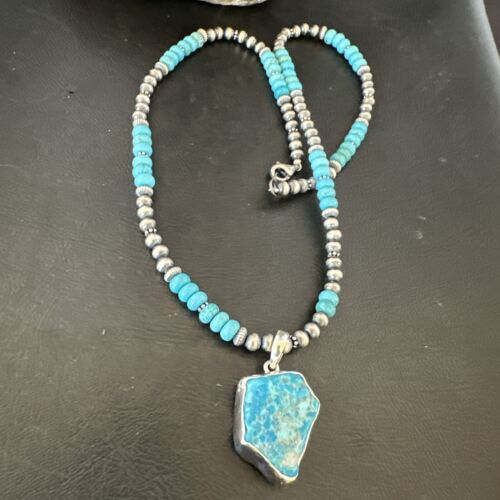 Men's Kingman Turquoise Pendant | Navajo Pearls Sterling Silver Necklace | Authentic Native American Handmade | 17212