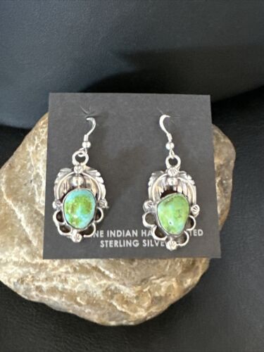 Navajo Green Sonoran Gold Turquoise Dangle Earrings | Sterling Silver | Authentic Native American Handmade | 14915