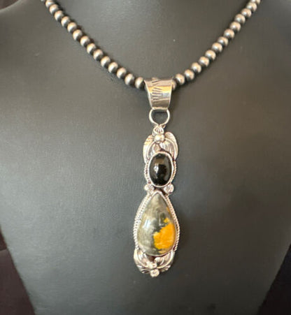 Men's Navajo Pearls Onyx Bumblebee Jasper Pendant | Sterling Silver | Multi-Stone Necklace | 15414
