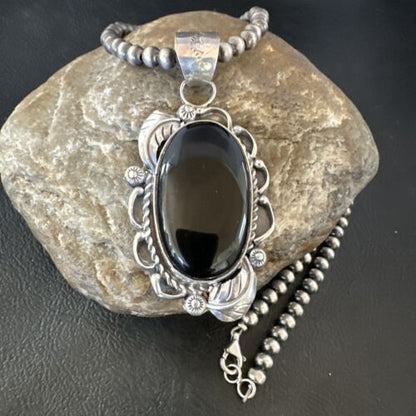 Navajo Pearls Black Onyx Necklace Pendant | Sterling Silver | Authentic Native American Handmade | 16531