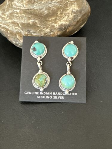 Navajo Blue Green Turquoise Dangle Earrings | Sterling Silver | 1.5" | Authentic Native American Handmade | 17387