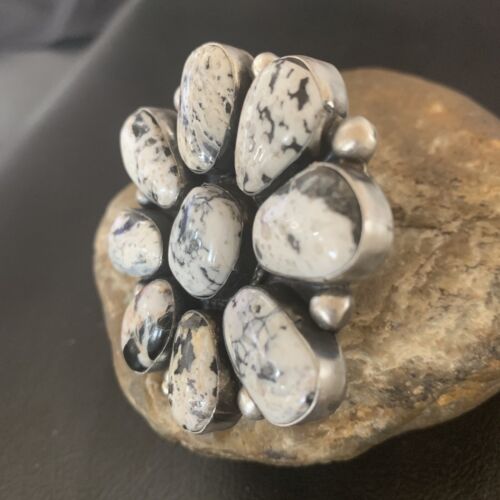 Navajo White Buffalo Turquoise Multi-Stone Ring | Authentic Native American Sterling Silver | Sz 7.5 | 11892