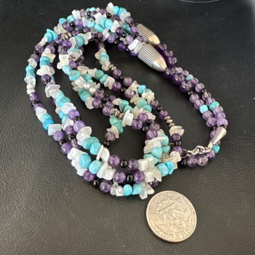 Purple Amethyst Blue Turquoise Necklace | Sterling Silver | Authentic Native American Handmade | 17506