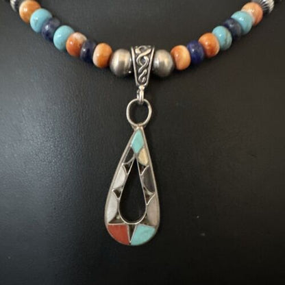 Navajo Spiny Oyster Turquoise Lapis Inlay Pendant Necklace | Sterling Silver | 21" | 16769