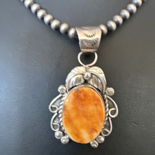 Women's Orange Spiny Oyster Pendant | Navajo Pearls Sterling Silver Necklace 21" | Handmade Jewelry | 16556