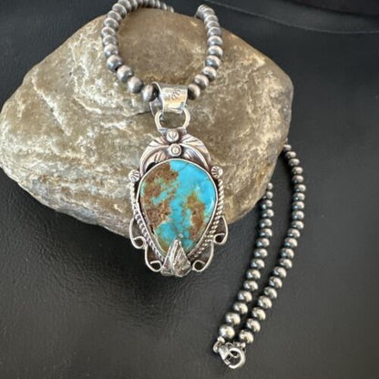 Navajo Blue Turquoise Pendant Necklace | Sterling Silver Pearls | Authentic Native American Handmade | 15652