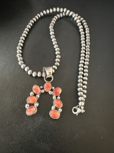 Navajo Red Spiny Oyster Naja Pendant Necklace | Sterling Silver | 20" | Authentic Native American Handmade | 15760