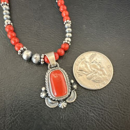 Southwestern Navajo Red Coral Pendant Necklace | Sterling Silver Pearls | 21" | 17538