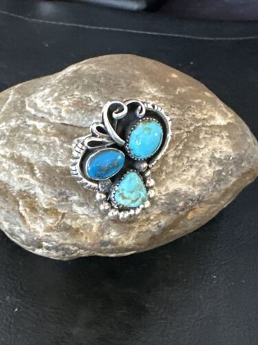 Navajo Blue Turquoise Cluster Ring | Authentic Native American Sterling Silver | Multi-Stone | Sz 8.5 | 14837