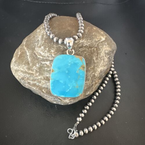 Navajo Blue Kingman Turquoise Pendant Necklace | Sterling Silver Pearls | 20" | 16699
