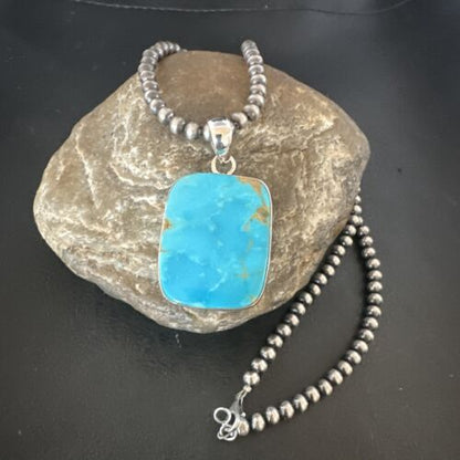 Navajo Blue Kingman Turquoise Pendant Necklace | Sterling Silver Pearls | 20" | 16699
