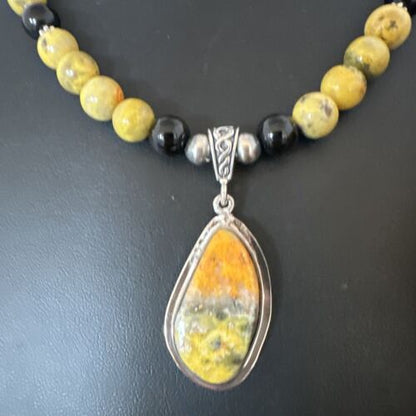 Navajo Bumblebee Jasper Pendant Necklace | Sterling Silver | Native American Handmade | 16016