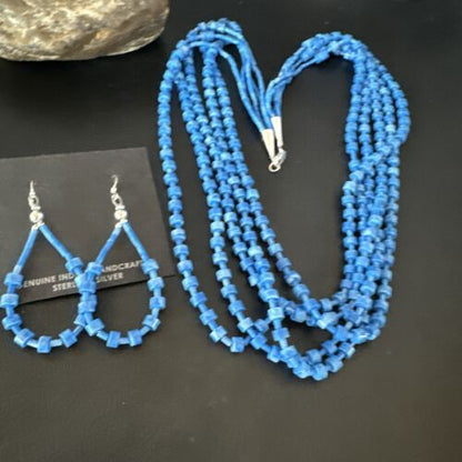 Navajo Blue Denim Lapis Necklace Earrings Set | 5-Strand Sterling Silver | Authentic Native American Handmade | 15772
