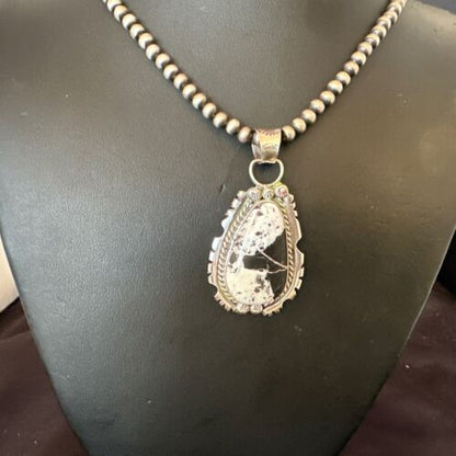 White Buffalo Turquoise Pendant | Navajo Pearls Sterling Silver Necklace | Authentic Native American Handmade | 17109