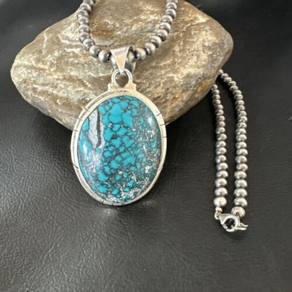 Men's Navajo Blue Spiderweb Turquoise Pendant Necklace | Sterling Silver | Authentic Native American Handmade | 16193