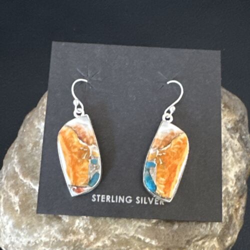 Navajo Blue Turquoise & Orange Spiny Oyster Inlay Dangle Earrings | Sterling Silver | Authentic Native American Handmade | 15580
