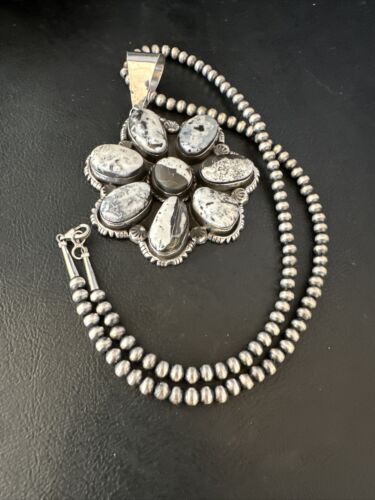 XL Cluster Navajo White Buffalo Turquoise Sterling Necklace Pendant | Multi-Stone | 14897
