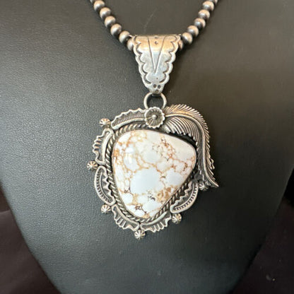Men's White Buffalo Turquoise Pendant | Navajo Pearl Sterling Silver Necklace  | Native American | 15817