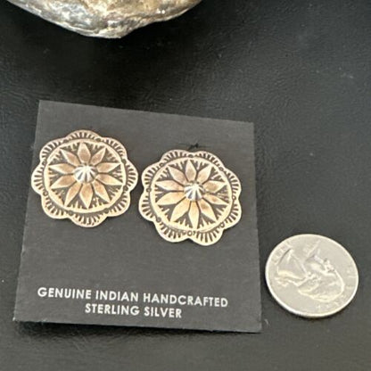 Navajo Sterling Silver Stamped Round Earrings | Authentic Native American Handmade | 15937