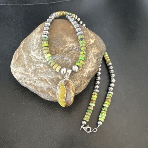 Navajo Green Turquoise Pendant Necklace | Sterling Silver | Authentic Native American Handmade | 16920