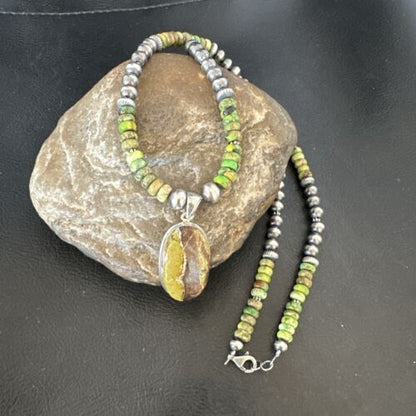 Navajo Green Turquoise Pendant Necklace | Sterling Silver | Authentic Native American Handmade | 16920