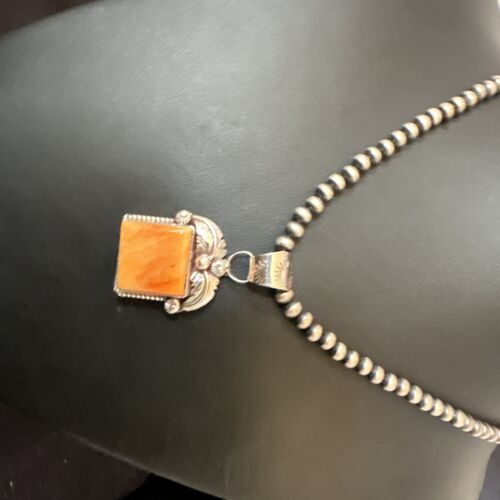 Navajo Orange Spiny Oyster Pendant Necklace | Sterling Silver | 20" | Authentic Native American Handmade | 16141