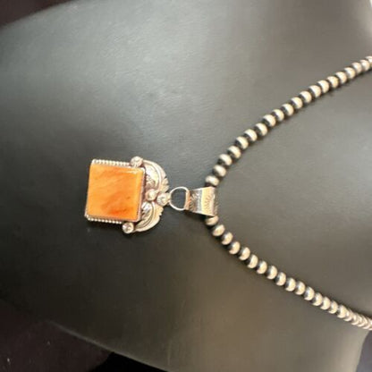 Navajo Orange Spiny Oyster Pendant Necklace | Sterling Silver | 20" | Authentic Native American Handmade | 16141