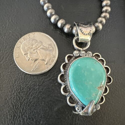 Navajo Blue Turquoise Pendant Necklace | Sterling Silver Pearls | Authentic Native American Handmade | 15656