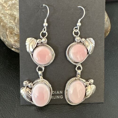 Navajo Pink Conch Shell Dangle Earrings | Sterling Silver | Authentic Native American Handmade | 17213