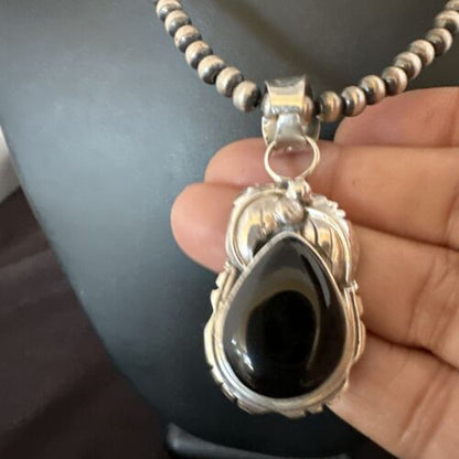 Navajo Pearls Black Onyx Necklace | Sterling Silver | Authentic Native American Handmade | 16133