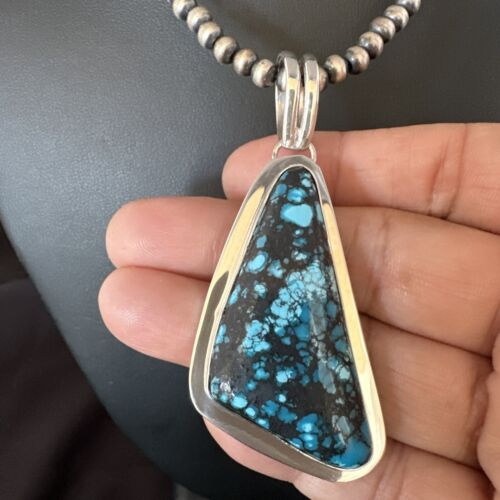 Men's Blue Spiderweb Turquoise Pendant Necklace | Navajo Sterling Silver | Authentic Native American Handmade | 14970