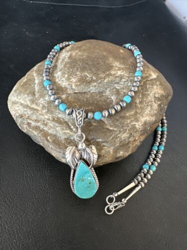Navajo Pearls Kingman Turquoise Pendant Necklace | Sterling Silver | Authentic Native American Handmade | 14892
