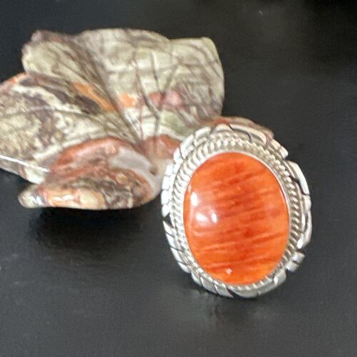 Navajo Orange Spiny Oyster Ring | Sterling Silver | Sz 7.5 | Authentic Native American Handmade | 16030