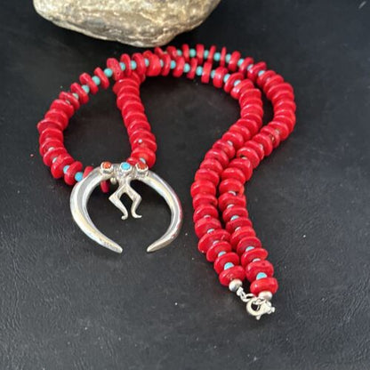 Navajo Blue Turquoise Naja Red Coral Sterling Silver Pendant Necklace 24" | Native American | 14434 - Masha USA