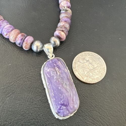 Navajo Purple Charoite Pendant with Pearls | Sterling Silver Necklace | Authentic Native American Handmade | 16338