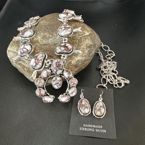 Navajo Squash Blossom Necklace with Wild Horse Turquoise | Sterling Silver Earrings | 16268