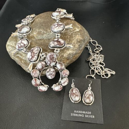 Navajo Squash Blossom Necklace with Wild Horse Turquoise | Sterling Silver Earrings | 16268