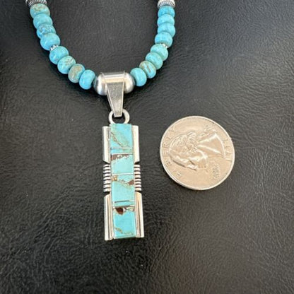 Men's & Women's Turquoise #8 Inlay Pendant Necklace | Navajo Sterling Silver | Authentic Native American Handmade | 17056