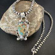 Navajo Blue Turquoise Pendant Necklace | Sterling Silver Pearls | Authentic Native American Handmade | 15657
