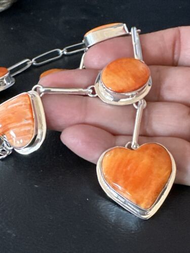 Navajo Lariat Necklace with Orange Spiny Oyster Earrings | Sterling Silver Pendant | 19" | Authentic Native American Handmade | 14955
