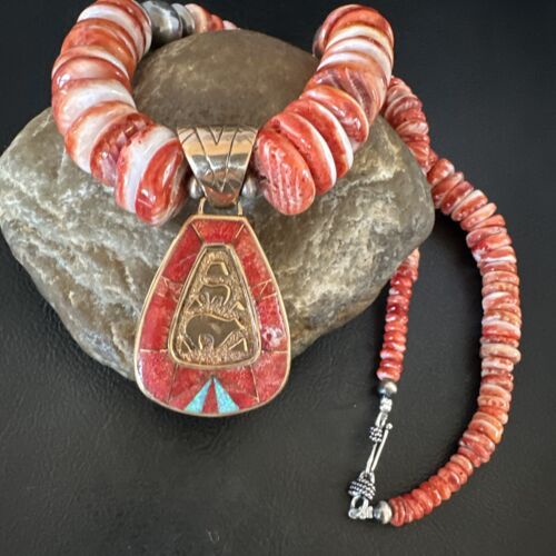 Navajo Red Spiny Oyster Pendant Necklace | Sterling Silver | Brass Inlay | Authentic Native American Handmade | 15789