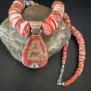 Navajo Red Spiny Oyster Pendant Necklace | Sterling Silver | Brass Inlay | Authentic Native American Handmade | 15789