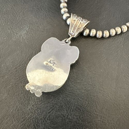 Navajo White Buffalo Turquoise Pendant Necklace | Sterling Silver | Authentic Native American Handmade | 17524