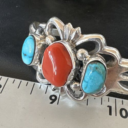Kingman Turquoise Coral Cuff Bracelet | Navajo Tufa Cast | Sterling Silver | Authentic Native American Handmade | 16406