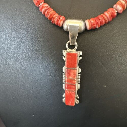 Navajo Red Spiny Oyster Pendant Necklace | Sterling Silver Inlay | Authentic Native American Handmade | 16853