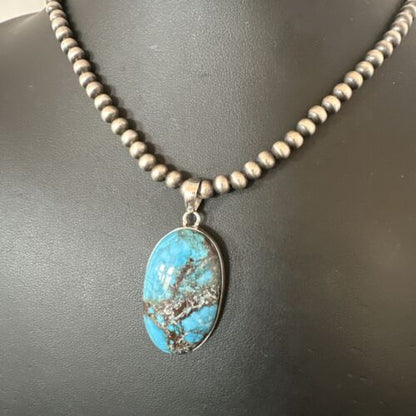 Navajo Blue Spiderweb Turquoise Pendant Necklace | Sterling Silver | Authentic Native American Handmade | 17017